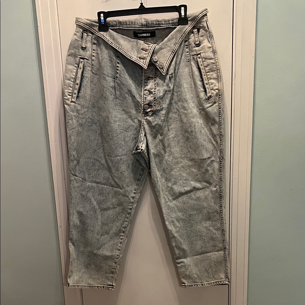Express Acid Wash Button Fly High Rise Fold Waist Detail Jeans